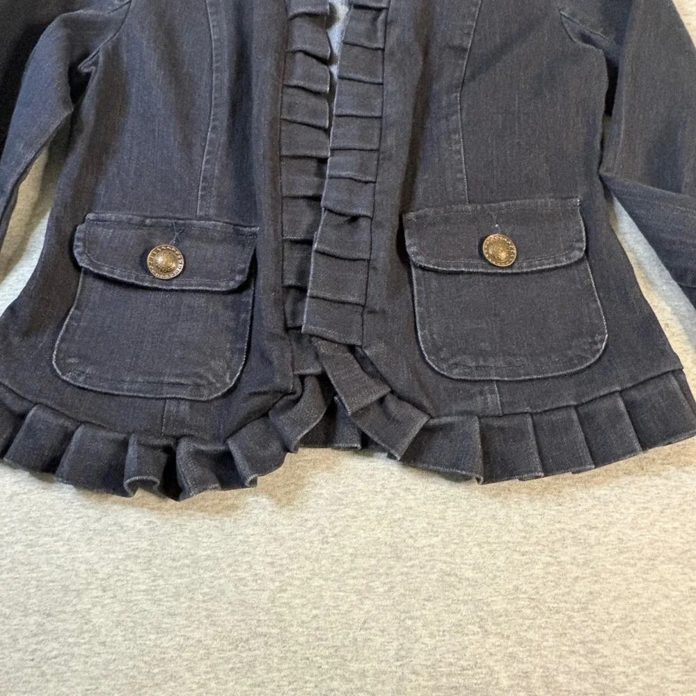 JW Style Women Dark Wash Ruffle Trim Denim Jacket Hook Eye Closure Black Blue M